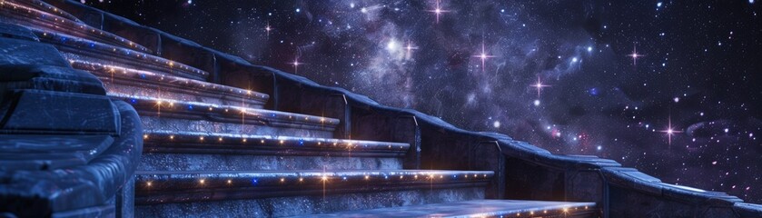 A starlit staircase leading to an ancient temple, with each step sparkling with embedded gems reflecting the night sky, 3D illustration