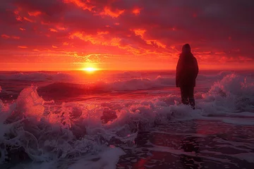Selbstklebende Fototapeten A silhouette of a person standing on a beach, watching the sunset © Veniamin Kraskov