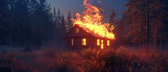 An emergency generator engulfed in flames in a remote forest cabin, casting a warm glow against the surrounding trees at night, 3D illustration - obrazy, fototapety, plakaty
