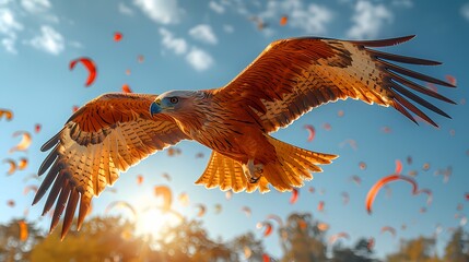 A majestic eagle-shaped kite soaring gracefully against a clear blue sky, its intricate details highlighted by the sunlight