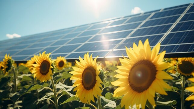 A photo of a field of sunflowers with a solar farm