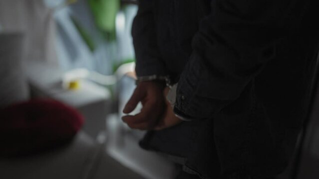 Caucasian man handcuffed in dim room suggesting arrest or crime scene investigation