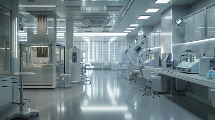 A state-of-the-art pharmaceutical formulation laboratory with formulation scientists' workstations and tablet compression machines, momentarily unoccupied but ready to develop new drug formulations