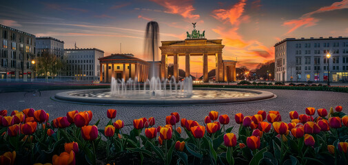 Naklejka premium Berlin city, view of the illuminated Brandenburg Gate at Pariser Platz created with Generative AI technology