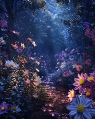 A dark, starlit path through a garden of night-blooming flowers, their petals sparkling with dew, 3D illustration