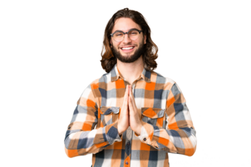 Young handsome man over isolated chroma key background keeps palm together. Person asks for something