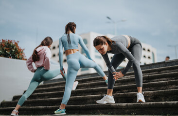 Three women in athletic attire pausing for rest during an outdoor stair climbing fitness routine, depicting health and teamwork.