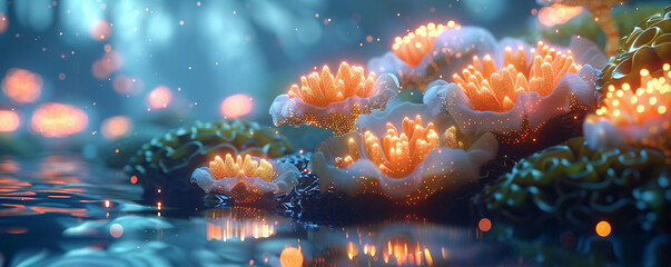 Ocean Dwellers, Coral, Peaceful aquatic societies dwell among floating coral cities, utilizing bioluminescent technologies, undersea gardeners cultivating vibrant marine life - obrazy, fototapety, plakaty