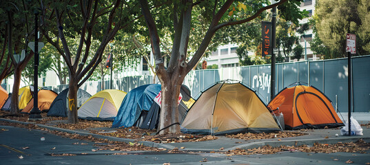 City homeless tents, poor people