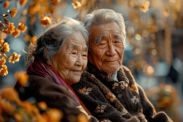 A portrait of an elderly couple looking into each other's eyes
