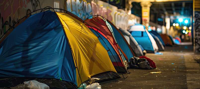 City homeless tents, poor people