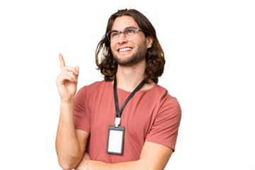 Young handsome man with ID card over isolated background pointing up a great idea