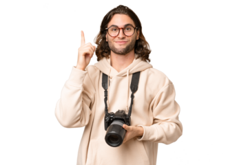Young photographer man over isolated background pointing with the index finger a great idea