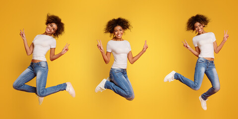 Collage of jumping black girl on orange