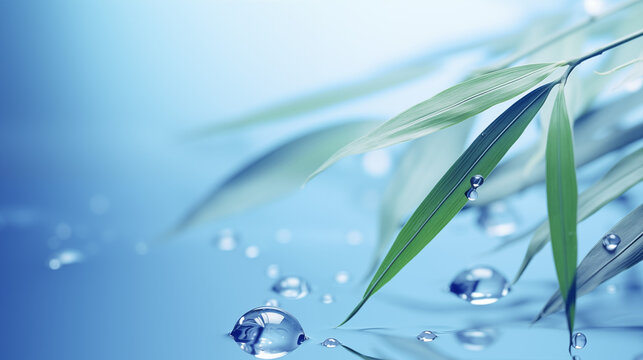 Ambiance printani&egrave;re, feuilles vertes sur les branches d'un arbre avec des gouttes d'eau. Arri&egrave;re-plan de flou et lumi&egrave;re claire, bleu. Printemps, &eacute;t&eacute;, nature. Pour conception et cr&eacute;ation graphique	