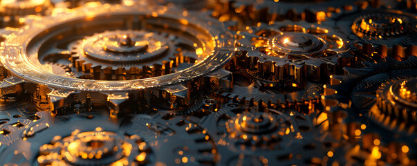 Precision Cogs, Engraved, Complex interlocking of gears, Exploring the inner workings of a grand clock tower, Golden hour, 3D Render, Silhouette lighting
