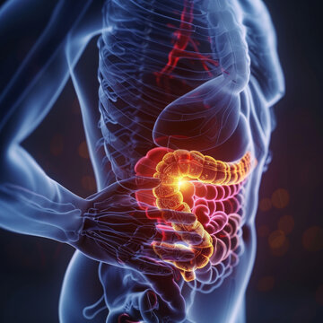 Mal di stomaco umano. problemi digestivi. 3d di intestino umano 