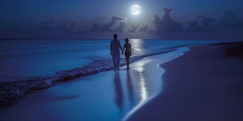 Fototapeta premium Couple strolling by electric blue ocean under moonlit sky. Generative AI