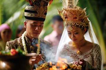 Bride and groom wear headpieces at happy wedding event. Generative AI