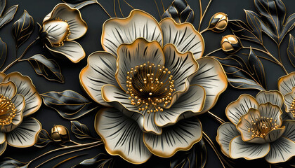 Elegant 3D illustration of stylized golden flowers and leaves on a dark background, exhibiting a luxurious and artistic design. - obrazy, fototapety, plakaty