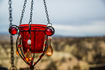 Göreme, Turkey - March 21 2014: Clorful Glass lampshade with background of Cone shaped Rock...
