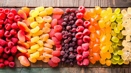 Colorful assortment of fresh fruits and gummy candies arranged in rows on a wooden surface, showcasing a contrast of healthy and sweet treats.