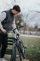 A casual male teenager rests with his bicycle in a serene park setting, reflecting a moment of relaxation and leisure outdoors.