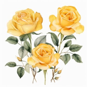 Yellow roses watercolor clipart on white background, defined edges floral flower pattern background with copy space for design text or photo backdrop minimalistic 