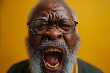 Expression of furious, enraged senior grey bearded afro man with grumpy grimace on his face, mouth opened in shout, ready to argue and swear, Angry black man yelling, screaming on yellow background - obrazy, fototapety, plakaty