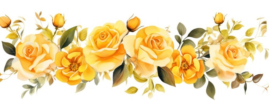 Yellow roses watercolor clipart on white background, defined edges floral flower pattern background with copy space for design text or photo backdrop minimalistic 