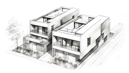 Pencil sketch of project for modern minimalistic houses. Generative Ai