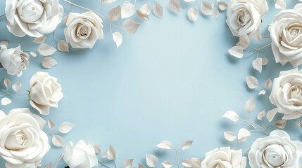 Pastel Blue Floral Frame: White Roses Border