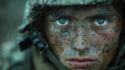 A man with a muddy face and a war helmet on as a war reporter. Image created by IA