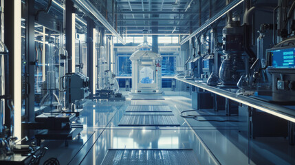 Obraz premium A state-of-the-art renewable energy research laboratory with testing equipment and experimental systems, temporarily unoccupied but ready to advance the field of clean energy