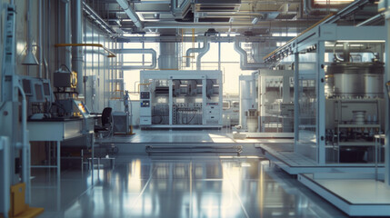 A state-of-the-art renewable energy research laboratory with testing equipment and experimental systems, temporarily unoccupied but ready to advance the field of clean energy