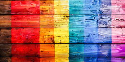 A wooden texture background painted with the colors of the rainbow flag, symbolizing LGBTQ+ pride and diversity. - obrazy, fototapety, plakaty