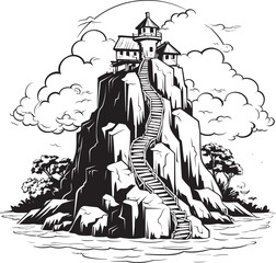 Island Odyssey Stair Iconography on Rocky Outcrop Coastal Zenith Stair Emblem on Rocky Island