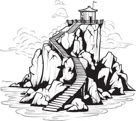Horizon Heights Stair Logo Design on Rocky Outcrop Oceanic Oasis Stair Symbol on Rocky Island