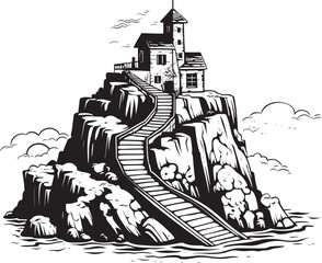 Island Escapade Stair Logo Design on Rocky Outcrop Shoreline Stairs Stair Symbol on Rocky Island