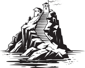 Horizon Hike Rocky Island with Stair Icon Oceanic Overlook Stair Logo Design on Rocky Outcrop