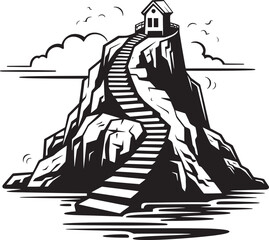 Coastal Zenith Stair Emblem on Rocky Island Seashore Summit Rocky Island with Stair Icon