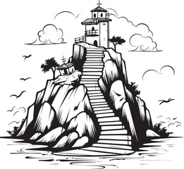 Shoreline Steps Rocky Island with Stair Icon Horizon Heights Stair Logo Design on Rocky Outcrop