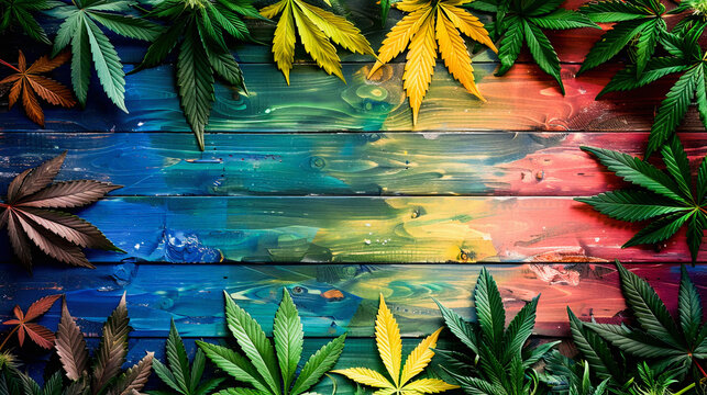 Vibrantly painted wooden planks background with various cannabis leaves scattered across, showcasing a colorful, artistic representation of marijuana foliage.