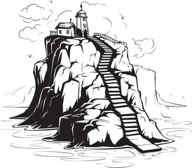 Coastal Calmness Rocky Island with Stair Emblem Cliffside Climb Stair Iconography on Rocky Island