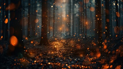 Dark magic forest with orange sparkles. Generative AI.