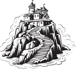 Clifftop Calm Stair Logo Design on Rocky Island Seashore Serenity Stair Symbol on Rocky Outcrop