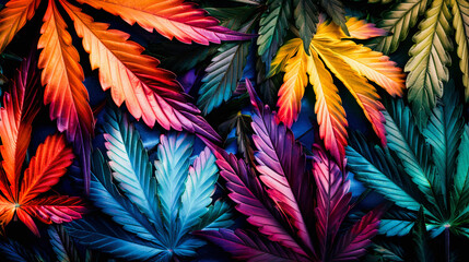 Colorful assortment of leaves arranged in a vibrant, overlapping pattern, showcasing a spectrum of hues from reds to blues. - obrazy, fototapety, plakaty