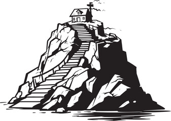 Nautical Ascent Stair Emblem on Rocky Outcrop Summit Sanctuary Rocky Island with Stair Icon - obrazy, fototapety, plakaty