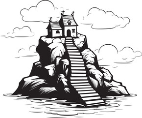 Oceanic Overlook Rocky Island with Stair Icon Seabreeze Ascent Stair Symbol on Rocky Island Logo