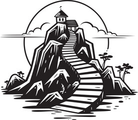 Seaside Summit Rocky Island with Stair Logo Design Cliffside Climb Stair Emblem on Rocky Island